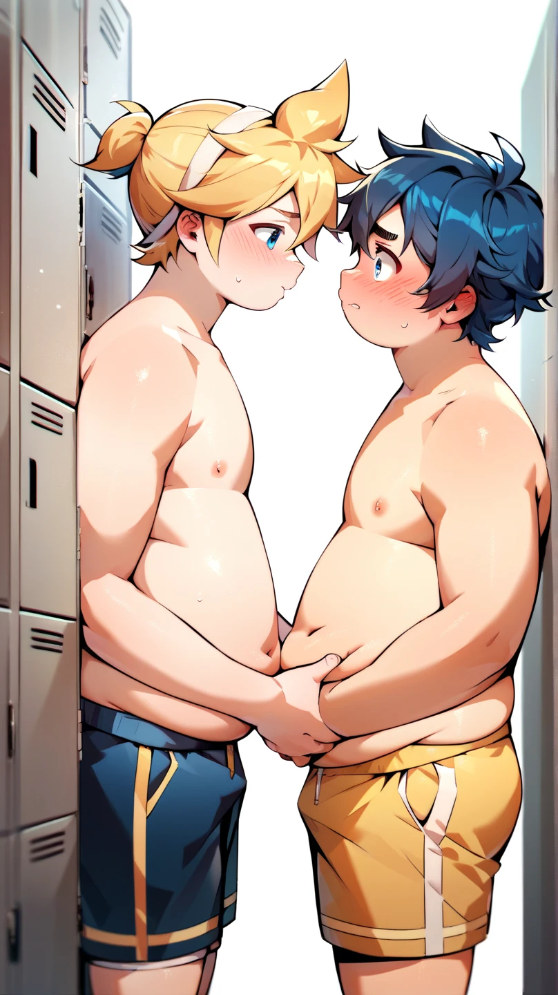  2boys, (yaoi couple), (male ren), (duo focus), fat, standing in the changing room, rubbing each other's belly, facing another, Break, Kagamine Len, obese, cute, shirtless, chubby body, face blushed, embarrassed, Break, blue hair color, school uniform, round cheek, chubby belly button exposed