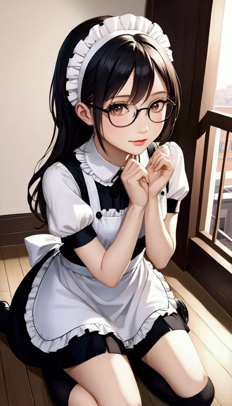 Top quality, high resolution, masterpiece, high resolution, textured skin, realism, detailed face, beautiful and very cute young woman (randomly selected race, hairstyle, hair length, hair color, with or without glasses) wearing shiny black knee-high socks, black strap shoes, black maid apron that goes up to the knees, white blouse with short sleeves and buttons and frills, and headband: 6), (full body), (woman standing and performing one of the following poses randomly, such as putting hands in pockets, placing hands on hips, lifting glasses with fingers (center or edge of glasses) if wearing glasses, clasping hands behind back, placing hands on knees, or other suitable poses: 5.5), (camera angles randomly determined from all angles centered on woman), (locations randomly selected from dining room, indoors, rooftop balcony, bedroom, indoor staircase, living room, indoor hallway, kitchen), (day, night, evening are randomly selected: 5.4), perfect hands, feet and body structure
