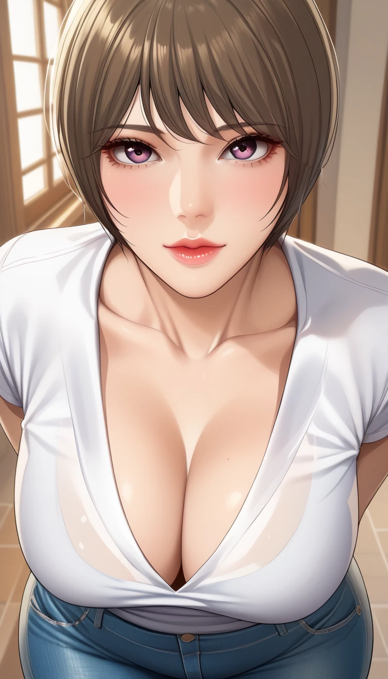 (masterpiece, best_quality:1.2), 1girl, solo, mature female, short hair, bangs, (white shirt, overall jeans), beautiful eyes, female focus, large breast nya, cleavage, wide hips,looking at viewer, ((above view)) ((close up shot)) ((solo)) detailed, very high resolution, no blurry image, (cowboy shot), standing, beautiful, elegant, serene expression, intricate details, detailed background, bedroom