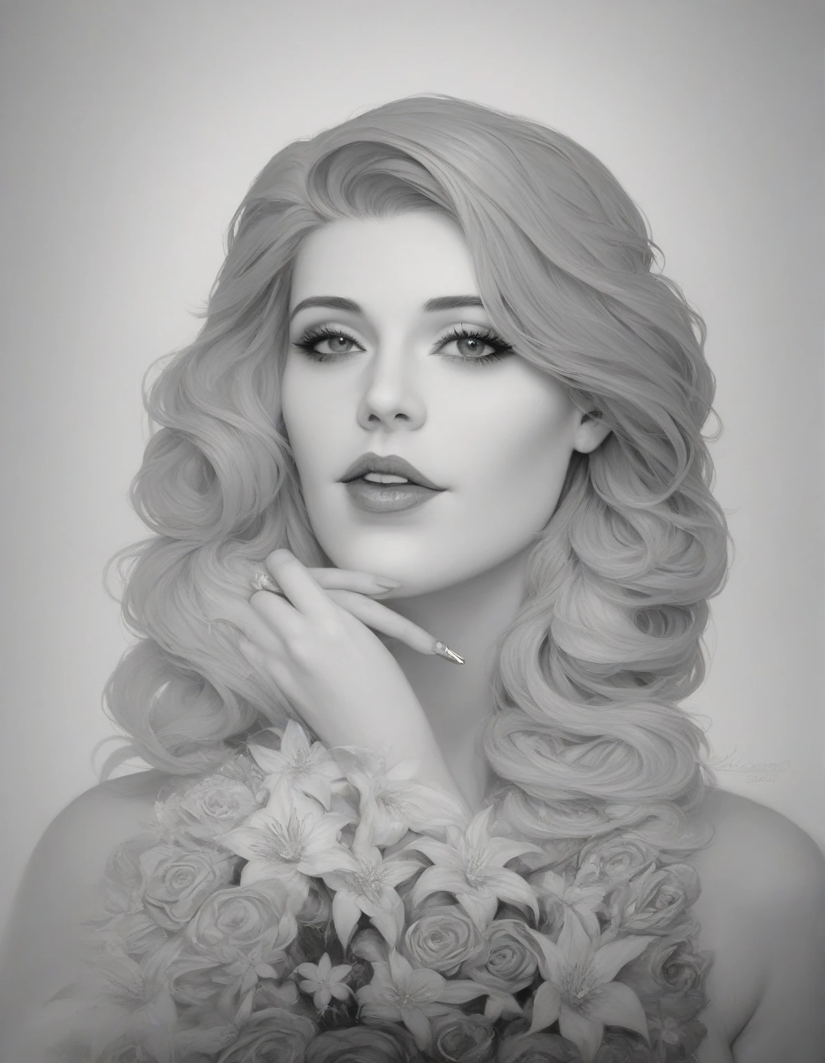 an elegant woman, with a serene face and expressive eyes, surrounded by a mystical aura. Details in stars and delicate flowers contrast with the pale skin. Fine strokes and soft shading create an elegant, moody atmosphere. Realistic style, conceptual art, black and white, drawing, hyperrealistic, cinematic, digital art, high-quality, fine lines, shading, 8k,