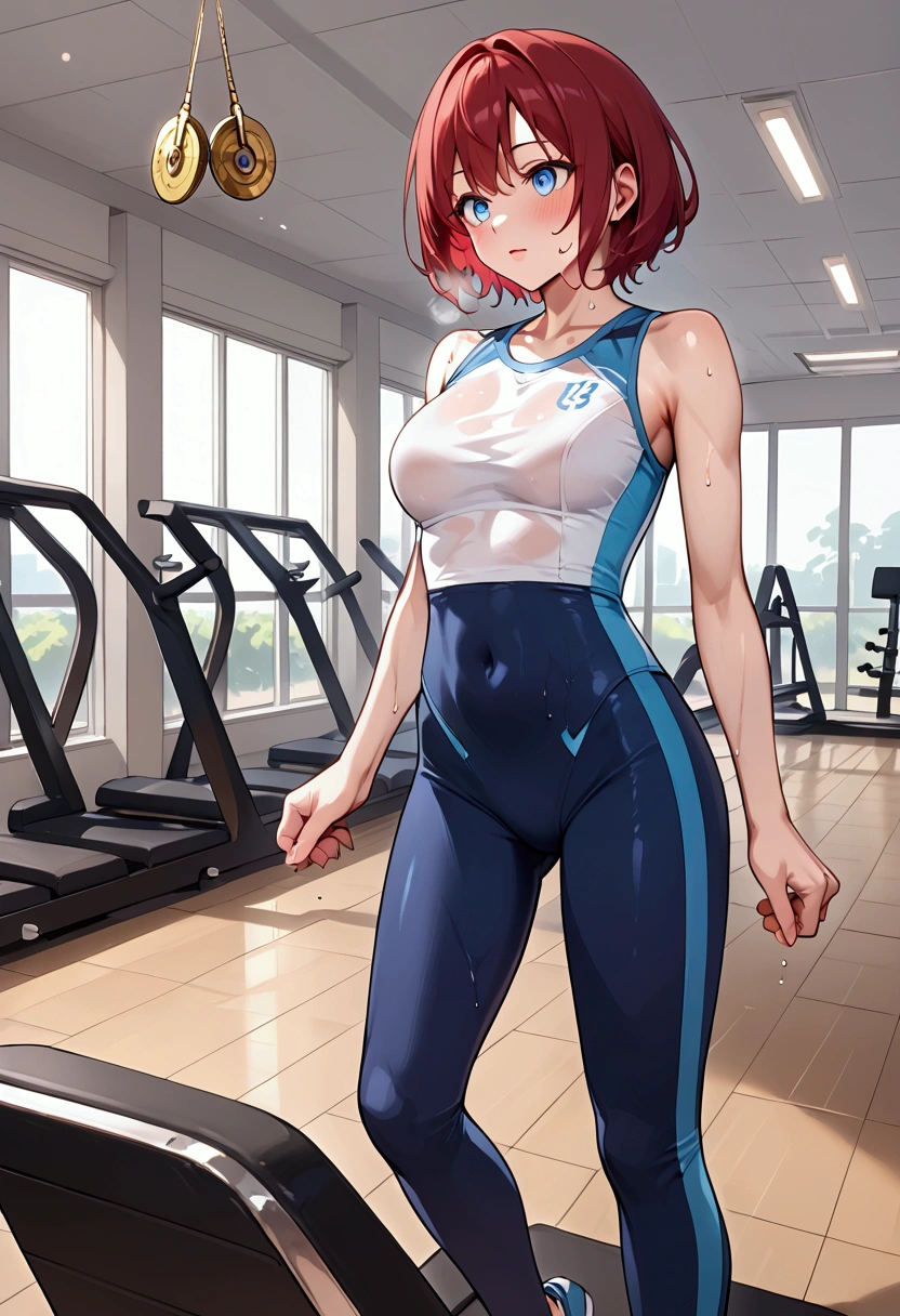  red hair,  short hair,  using hypnosis , with a coin , stop,  blue eyes , Gym clothes that show enough,  tight clothes ,  at the gym, On a treadmill, very sweaty