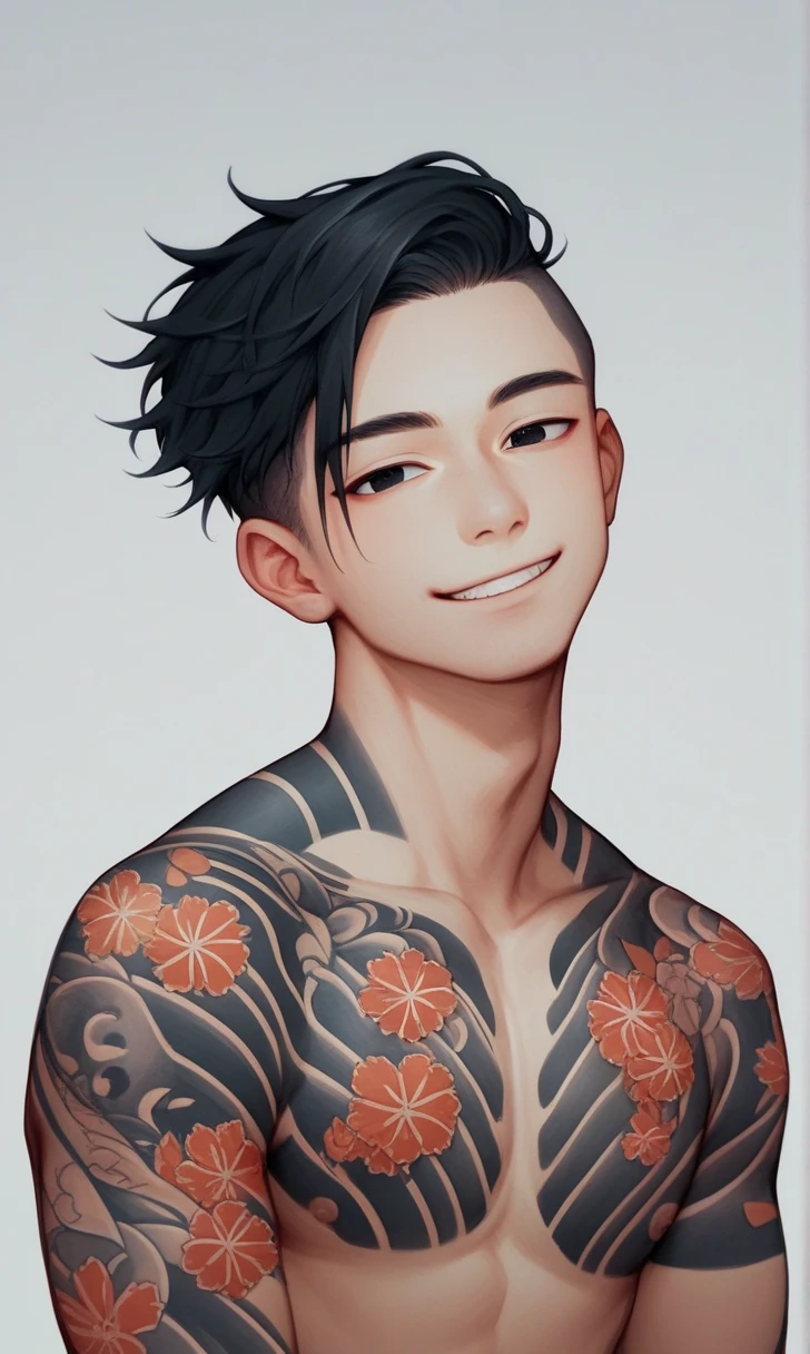 score_9, score_8_up, score_7_up, r1s0, 1boy, Asian boy, gentle smile, black eyes, whole body tattoo, traditional japanese tattoo, detail face, black hair, charming boy, undercut hairstyle, naked upper body