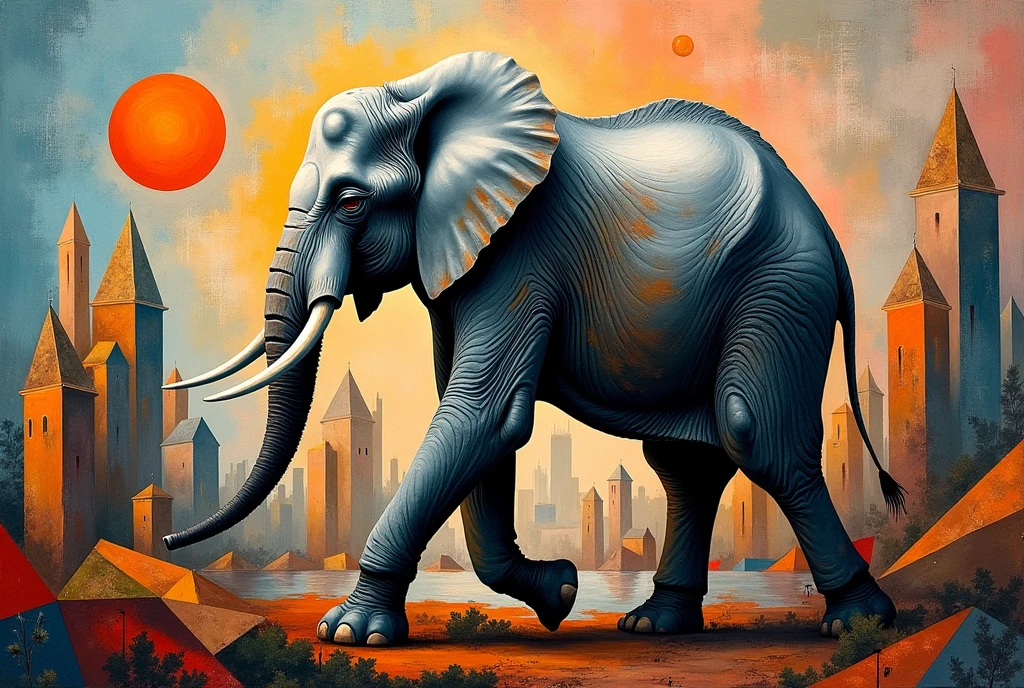 Create a painting in abstract cubist style, combined with the style of Pablo Picasso. Feature a sad elephant running, the aesthetic considerations of line, color, and form, and emphasize figurative and cubist art
