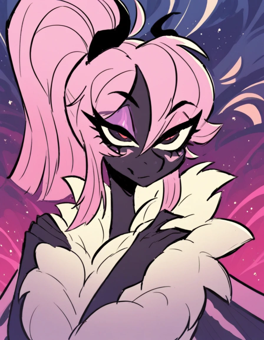 Cute art style vivziepop art style female moth demon moth wings moth antennae moth fluff cartoon art style black fur moth eyes black fluff hot pink hair in ponytail buglike eyes line art concept art