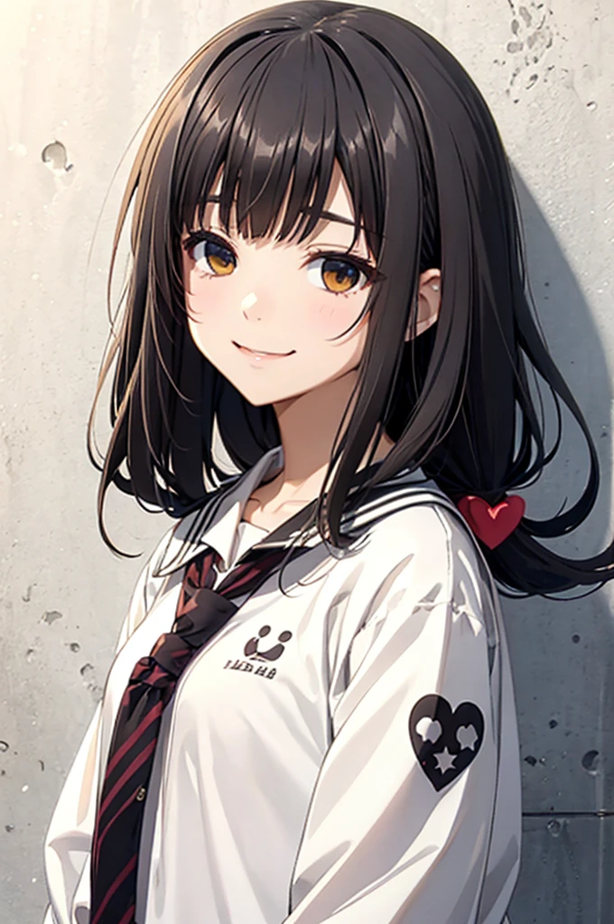 ichigestyle, 1girl, solo, brown hair, heart, hair ornament, school uniform, side ponytail, smile, looking at viewer, neckerchief, upper body, heart hair ornament, cardigan, sailor collar, serafuku, black sailor collar, bangs, yellow eyes, closed mouth, long hair, brown eyes, purple neckerchief, striped background, collarbone, striped, polka dot, star (symbol)