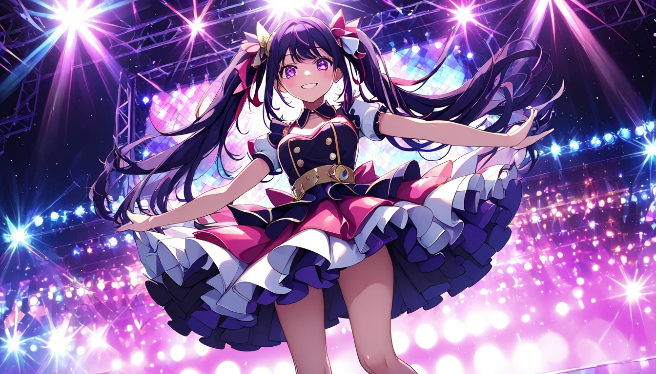 (masterpiece), best quality, expressive eyes, perfect face, Create an image of a young girl with long, dark purple hair and bright, starry eyes. She wears a stylish idol outfit consisting of a colorful dress with a frilly skirt, stockings, and fashionable shoes. The setting should be a concert stage with vibrant lights and an enthusiastic audience in the background. She should be posing confidently, showcasing her energetic, happy, smiling and charismatic personality.