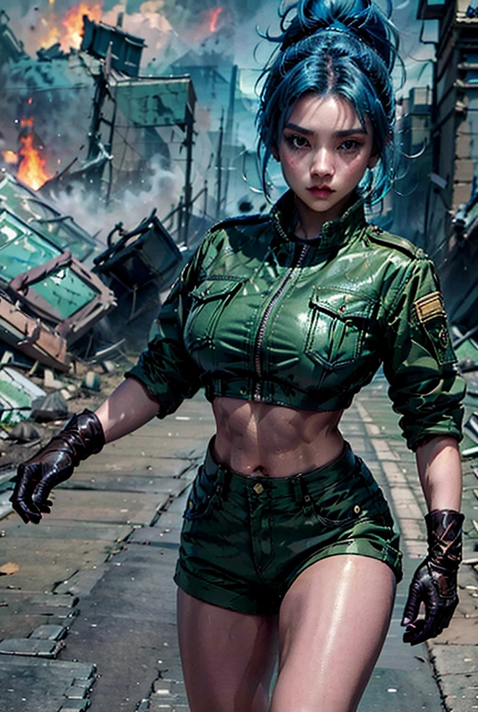 The image shows a young woman with blue hair styled in a high ponytail. She is wearing a green military-style jacket with gold patches on the sleeves and a black crop top underneath. She also has green shorts and black gloves on her hands. The woman is standing in front of a ruin city and there are flames in the background. She has a serious expression on her face and is posing with one hand on her hip.