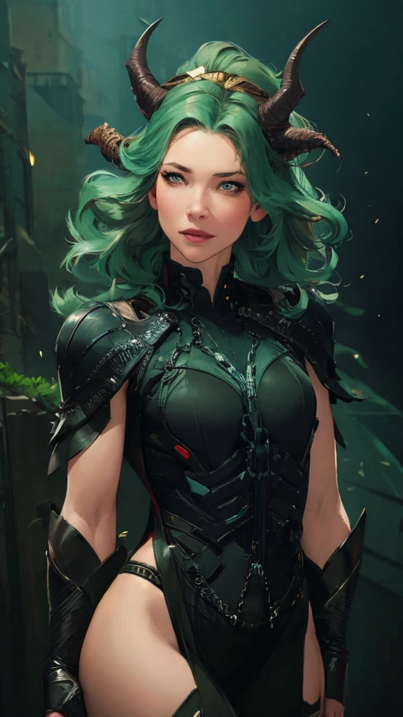 a woman in a green and black costume with horns on her head, steven artgerm lau, By Ruan Jia and Stanley Artgerm, artgerm style, artgerm lau,  extremely detailed art artgerm , in the artgerm style, Aly Fell e Artgerm, artgerm trends, Krenz Cushart and Artgerm