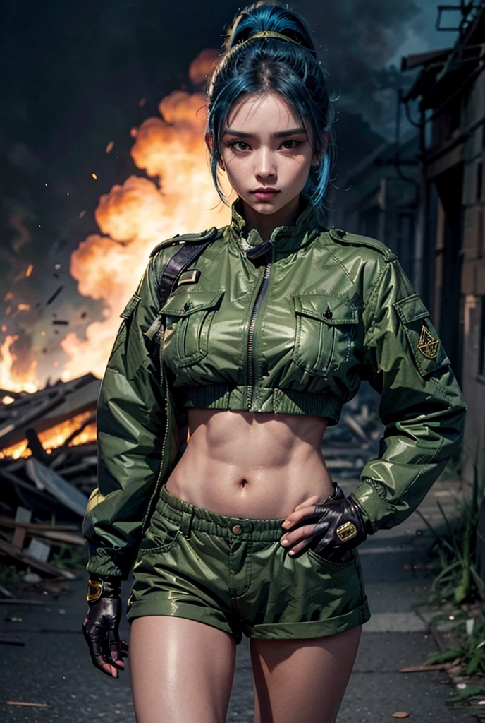 The image shows a young woman with blue hair styled in a high ponytail. She is wearing a green military-style jacket with gold patches on the sleeves and a black crop top underneath. She also has green shorts and black gloves on her hands. The woman is standing in front of a ruin city and there are flames in the background. She has a serious expression on her face and is posing with one hand on her hip.