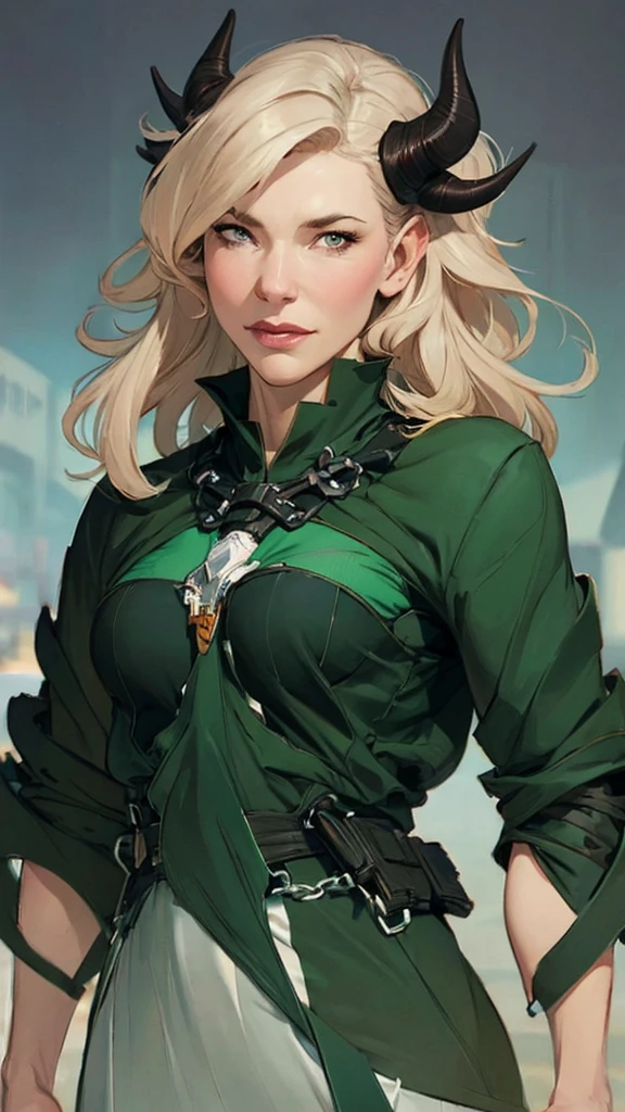  Helauma woman in a Helae green costume black with horns on her head, steven artgerm lau, By Ruan Jia and Stanley Artgerm, artgerm style, artgerm lau,  Helaarte extremely detailed artgerm , in the artgerm style, Aly Fell e Artgerm, artgerm trends, krenz cushart and art germ Hela 