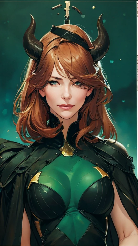  Helauma woman in a Helae green costume black with horns on her head, steven artgerm lau, By Ruan Jia and Stanley Artgerm, artgerm style, artgerm lau,  Helaarte extremely detailed artgerm , in the artgerm style, Aly Fell e Artgerm, artgerm trends, krenz cushart and art germ Hela 