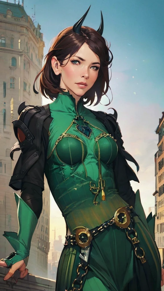  Helauma woman in a Helae green costume black with horns on her head, steven artgerm lau, By Ruan Jia and Stanley Artgerm, artgerm style, artgerm lau,  Helaarte extremely detailed artgerm , in the artgerm style, Aly Fell e Artgerm, artgerm trends, krenz cushart and art germ Hela 