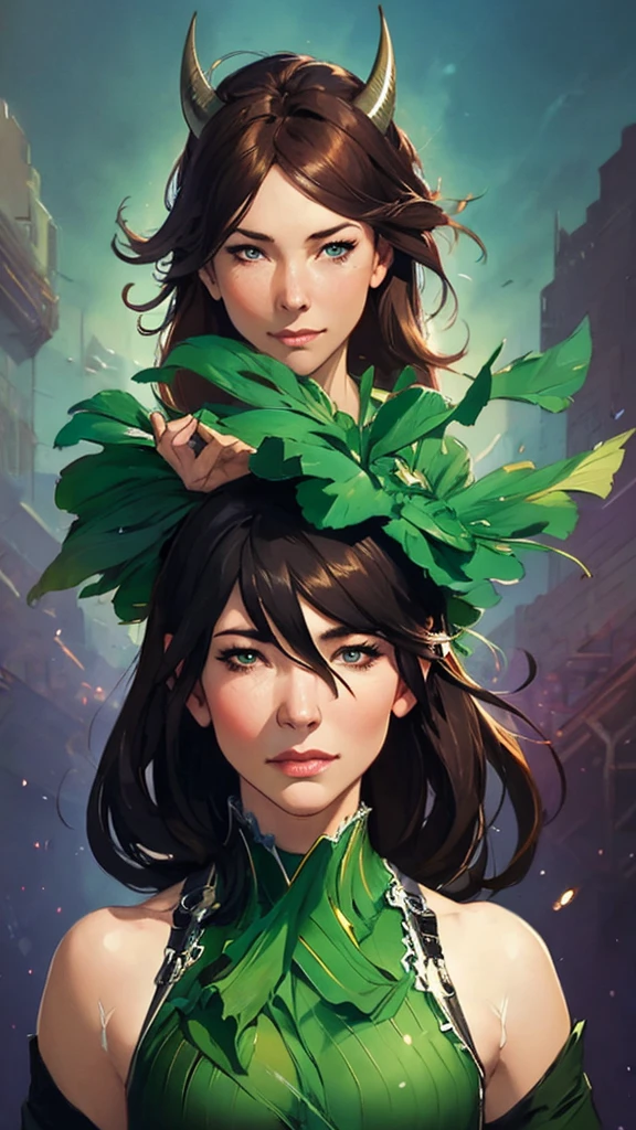  Helauma woman in a Helae green costume black with horns on her head, steven artgerm lau, By Ruan Jia and Stanley Artgerm, artgerm style, artgerm lau,  Helaarte extremely detailed artgerm , in the artgerm style, Aly Fell e Artgerm, artgerm trends, krenz cushart and art germ Hela 