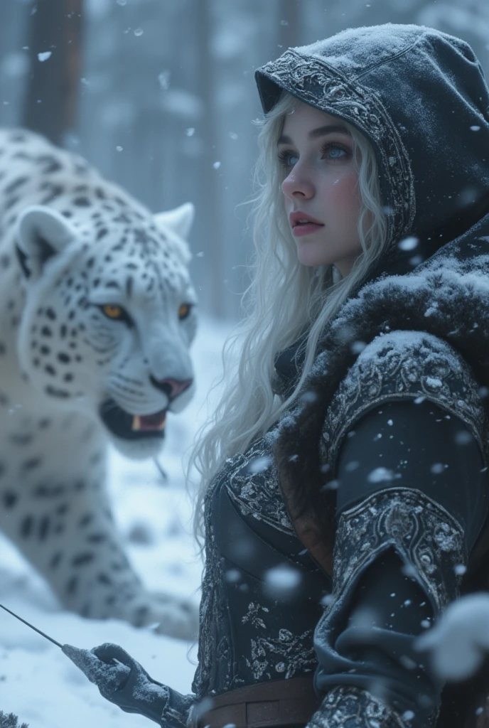   a beautiful 18-year-old European woman with European features in a snowy forest with a HUGE glowy white leopard and a polar bear , She is divine ,  her long shiny platinum white hair falls on her white porcelain skin ,  divine and precious features , beautiful features,  reddish cheeks and nose ,  divine eyes ,  wears a medieval set of black leather with silver with a hooded wolf fur coat she wears a bow and arrow in her hand and is popping up and is hunting, cold light, High Quality 4K