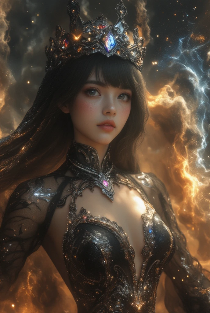  A 19-year-old European and Russian woman with European traits,  with jet black hair that falls in long waves with bangs , azero gray eyes ,  Pale and luminous skin . She wears a dark black Arabic-style dress with diamonds embedded in colors simulating a galaxy in the dress and a matching black crown, she is in the middle of a galaxy floating among the stars that illuminate her, she looks ethereal, bright and dazzling, like a goddess of the sky, quality hd 4k masterpiece . 