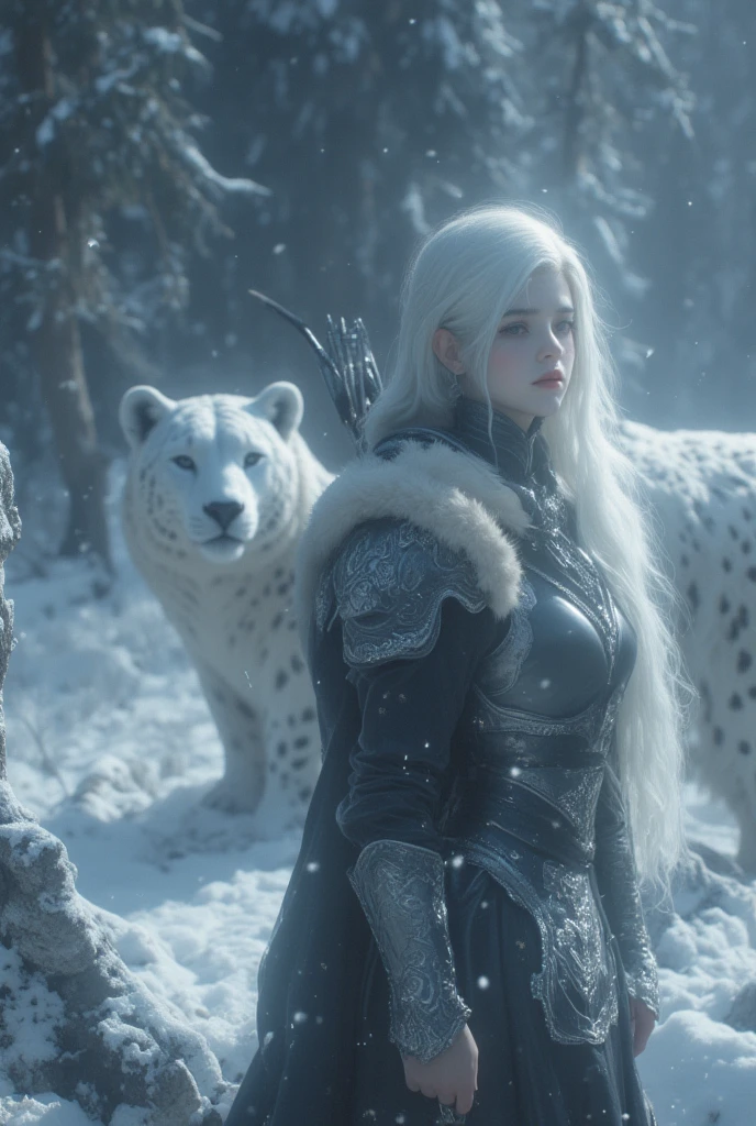   a beautiful 18-year-old European woman with European features in a snowy forest with a HUGE glowy white leopard and a polar bear , She is divine ,  her long shiny platinum white hair falls on her white porcelain skin ,  divine and precious features , beautiful features,  reddish cheeks and nose ,  divine eyes ,  wears a medieval set of black leather with silver with a hooded wolf fur coat she wears a bow and arrow in her hand and is popping up and is hunting, cold light, High Quality 4K