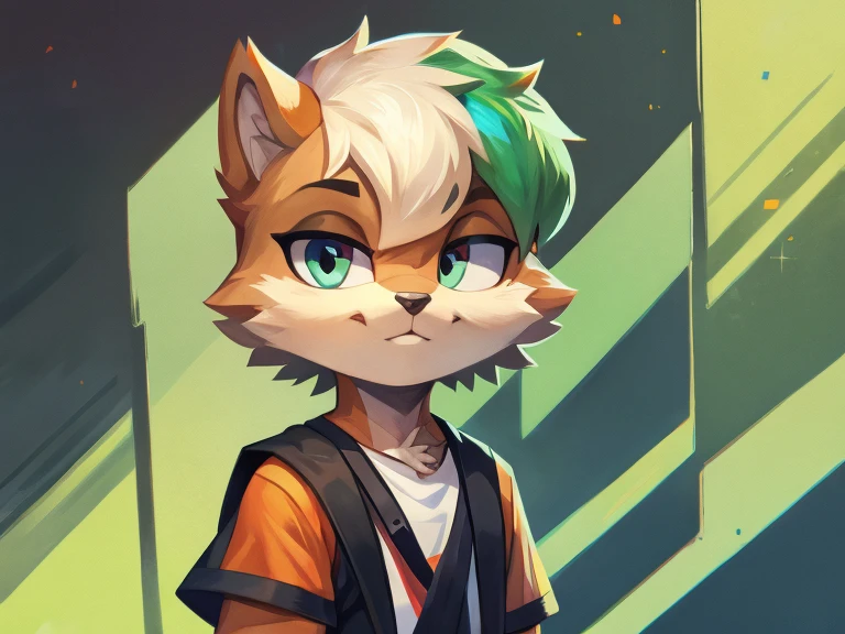 Cute furry boy, short hairstyle, detailed body, clothes, multi-colored eyes, green veins, modern art, best quality 