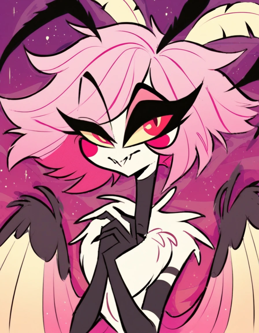 Cute art style vivziepop art style female moth demon moth wings moth antennae moth fluff cartoon art style black fur moth eyes black fluff long hot pink hair buglike eyes line art concept art hazbin hotel art style black skin black fur 