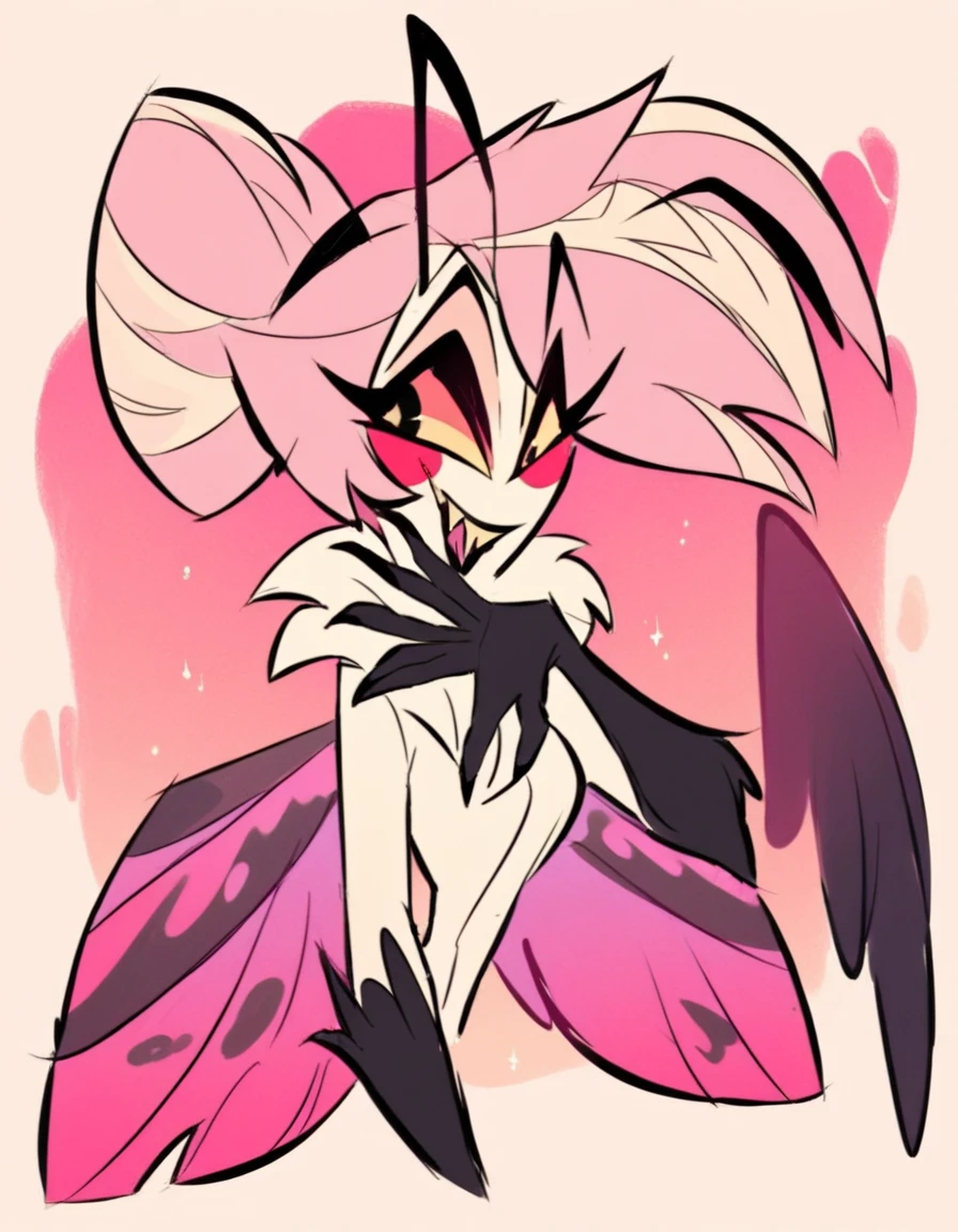 Cute art style vivziepop art style female moth demon moth wings moth antennae moth fluff cartoon art style black fur moth eyes black fluff long hot pink hair buglike eyes line art concept art hazbin hotel art style black skin black fur 