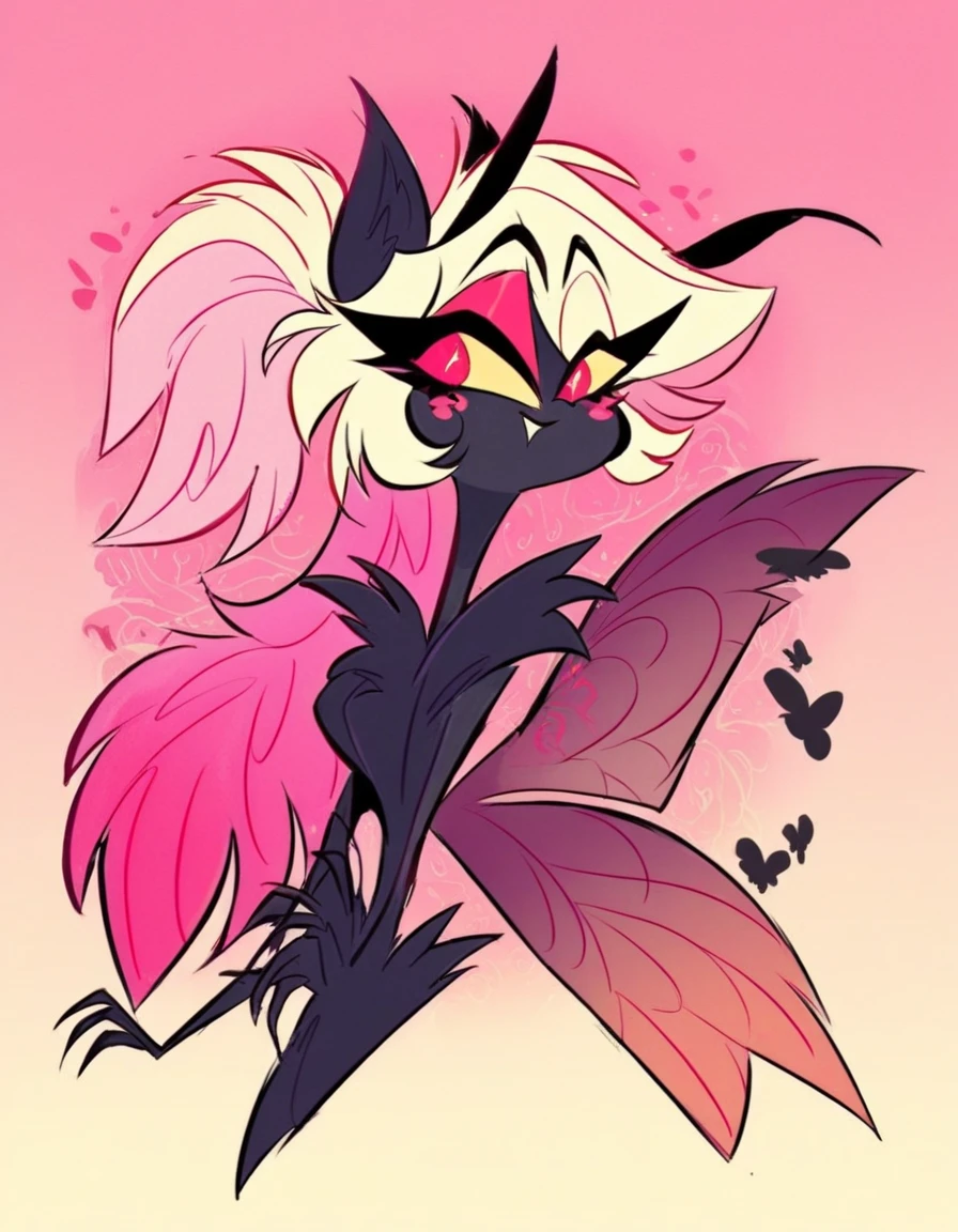 Cute art style vivziepop art style female moth demon moth wings moth antennae moth fluff cartoon art style black fur moth eyes black fluff long hot pink hair buglike eyes line art concept art hazbin hotel art style black skin black fur 