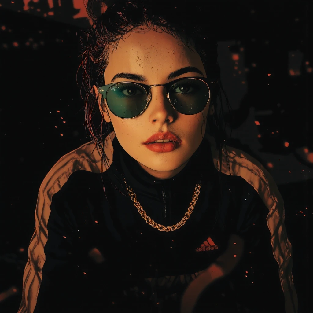 A girl in close-up, portrait of a cute ballerina girl in a black Adidas-style tracksuit, with a gold chain around her neck, gold teeth and Rayban-style sunglasses. Squatting in a criminal style, serious look, sullen, heavily tightened, contrasting, in the background,