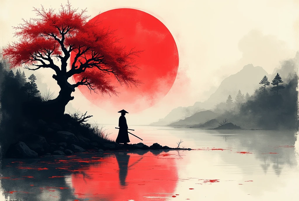 Silhouette of a samurai, serene and resolute, positioned amidst a vibrant, stylized landscape.  Large, crimson sun dominates the upper portion, contrasted with ink-wash washes of black and gray, evoking a traditional Japanese ink painting style.  The samurai is depicted in a  traditional Japanese warrior garb, with a simple black hat. He holds a pair of swords, and walks in a determined, steady manner across a stylized watery surface marked with splattered crimson and black.  A large stylized tree with red blossoms dominates the mid-ground, its branches extending towards the crimson sun. The overall composition utilizes negative spaces effectively, creating a sense of vastness and tranquility.  The color palette consists of intense crimson, deep black, gray, and hints of white.  The painterly texture is prominent, with loose brush strokes that give a sense of movement.  The overall atmosphere is quiet, profound, and steeped in a sense of Japanese cultural aesthetic.  Splatter and stain art style, Japanese ink painting, HKMagic