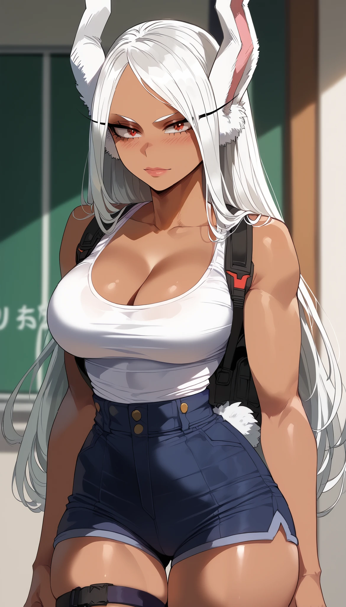  perfect eyes、 perfectly sexy face、 ultra detailed 、ultra perfect eyes、Rumi Usagiyama、calm、 boku no hero Academia 、 long straight hair 、 shiny hair 、( Big breasts ), showing cleavage、 tight waist 、 thin waist 、 Thigh straps 、 shiny skin、 tanned skin 、Beleza、erotic、 looking at the spectator 、