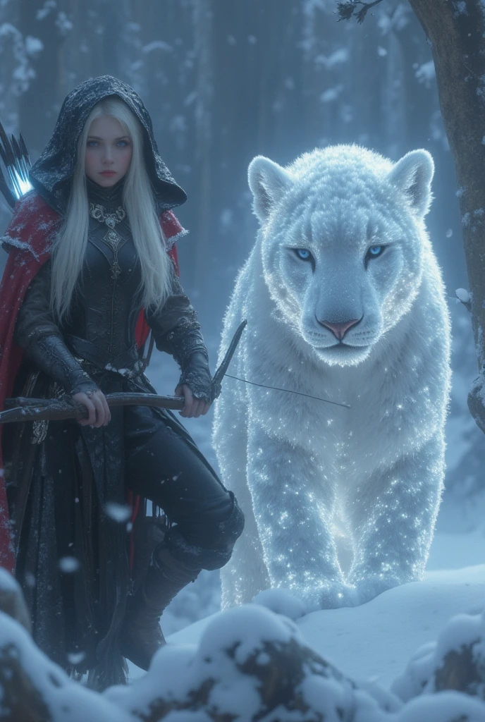   a beautiful 18-year-old European woman with European features in a snowy forest with a HUGE glowy white leopard and a polar bear , She is divine ,  her long shiny platinum white hair falls on her white porcelain skin ,  divine and precious features , beautiful features,  reddish cheeks and nose ,  divine eyes ,  wears a medieval set of black leather with silver with a hooded wolf fur coat she wears a bow and arrow in her hand and is popping up and is hunting, cold light, High Quality 4K