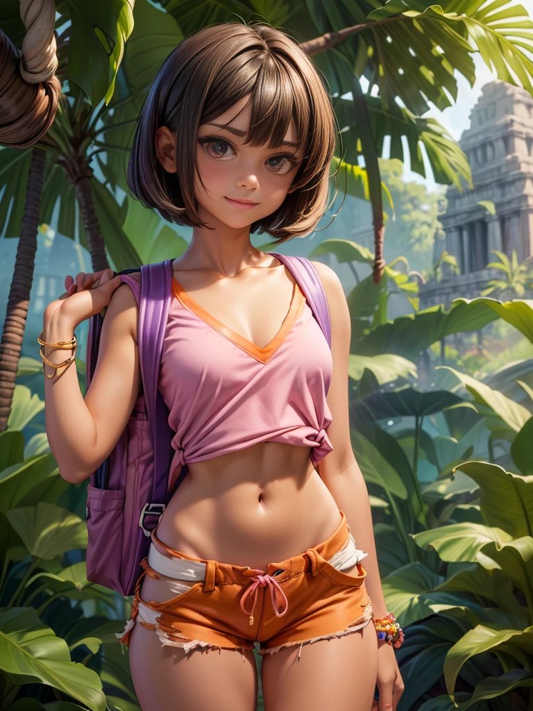(masterpiece), best quality, expressive eyes, perfect face, (Maya Ruins deep in the jungle background), (standing), (smirk), (front body view), (1girl, age 18+, Jenna Ortega face, Latina, dark skin, tanned skin, brown hair, short hair with bangs, bob hairstyle, brown eyes, hourglass figure, thin body, skinny body, petite_body, large breasts, huge breasts, oppai), (((torn pink v-neck shirt)), exposed cleavage, croptop, short sleeve, ((torn orange shorts)), ((purple backpack on back with sholder straps)), gold bracelet),