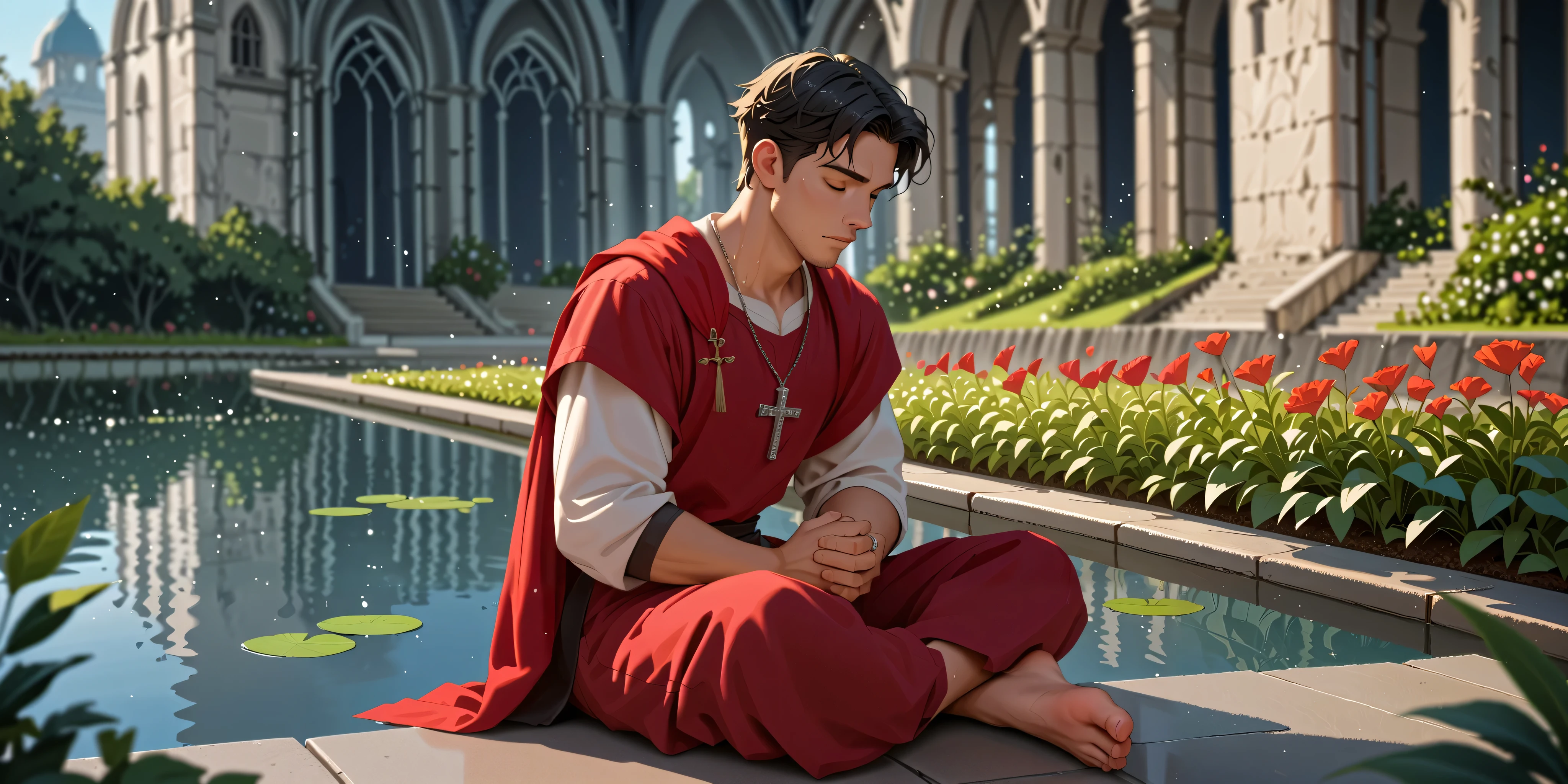 man praying, red tunic,  silver armor, armor breastplate,  well lit ,  depth of field,  full body, silver crucifix necklace, silver rings ,  short hair,  black hair,  wet hair, highly detailed,  high contrast ,  best quality ,  masterpiece ,  high definition ,  closed eyes , garden,  perfect face ,  perfect hands , perfect feet,  perfect eyes, perfect nose, flores, Samambaias,  bare feet , church, over the water, Lake, worship

