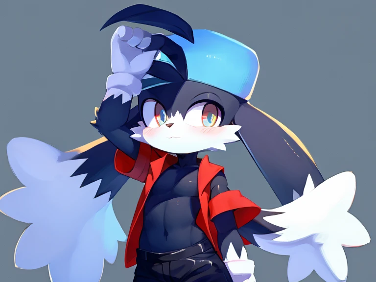 Furry boy, cute klonoa, short hairstyle, detailed body, clothes, different colored eyes, modern art, best quality 