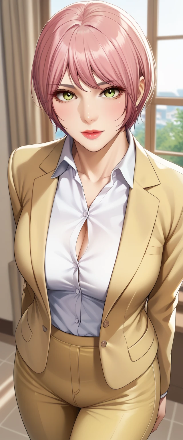 (masterpiece, best_quality:1.2), 1girl, solo, mature female, pink hair, short hair, (office work:1.5, white button shirt, yellow blazer, yellow pants), beautiful eyes, female focus, looking at viewer, ((above view)) ((close up shot)) ((solo)) detailed, very high resolution, no blurry image, (cowboy shot), standing, beautiful, elegant, serene expression, intricate details, detailed background, bedroom:1.3