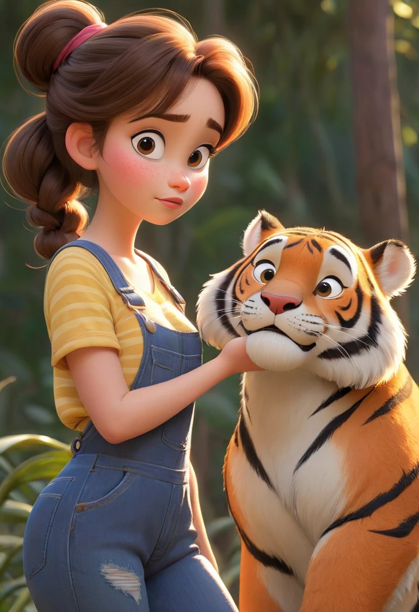 (disney pixar style:1.2) ( cute and adorable:1.15) (adulthood 20:1.15)   brown hair ,  ponytail, OVERALLS, Huge breasts,  cleavage, sexy, Next to a tiger  (perfect hands:1.1)  ( extreme distant shot,  full body, expanded:1.1)