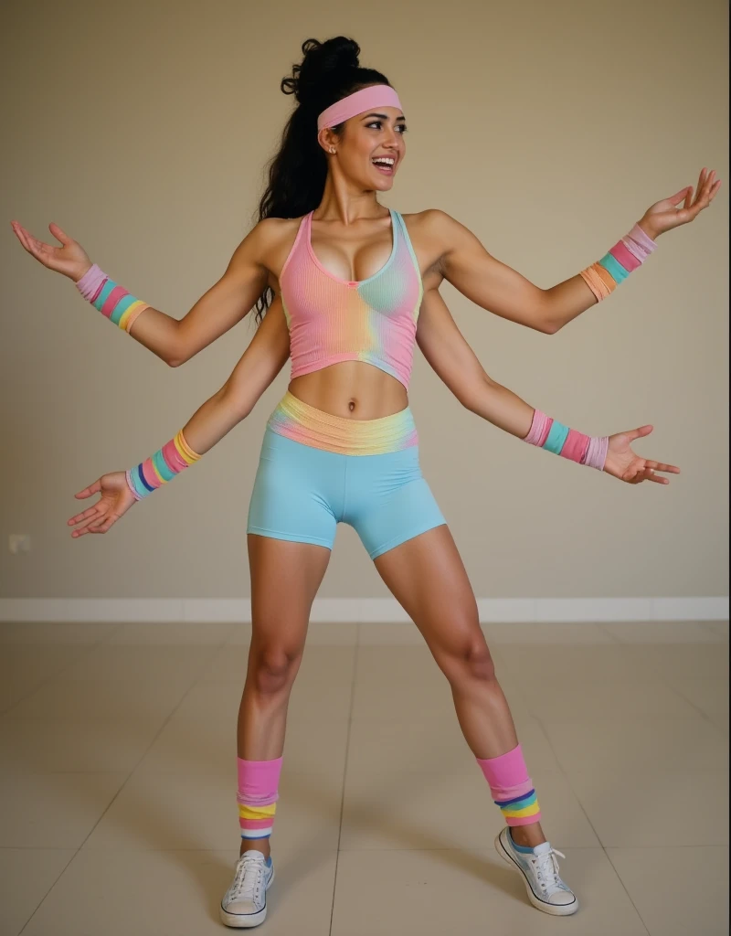 solo, 1girl, beautiful four-armed woman fitness instructor, (mixed pretty athletic woman), doing aerobics in a exercise studio room, toned thighs, full body view, playful smile, her upper left hand is open, her upper right hand is held out, her lower left hand is held out, and her lower right hand is on her hip, she wears a pastel colored sleeveless revealing tank top and bicycle shorts and her long dark wavy hair is tied into a loose bun, she is wearing a headband and mismatched sweatbands on all four of her arms, (woman with four arms:1.2), (with four arms:1.2), (woman with exactly four arms), leg warmers, 80s, eighties, barefoot, the soft warm light highlights her beautiful breasts, four shoulders, (lizzy caplan, kat dennings, padma lakshmi)