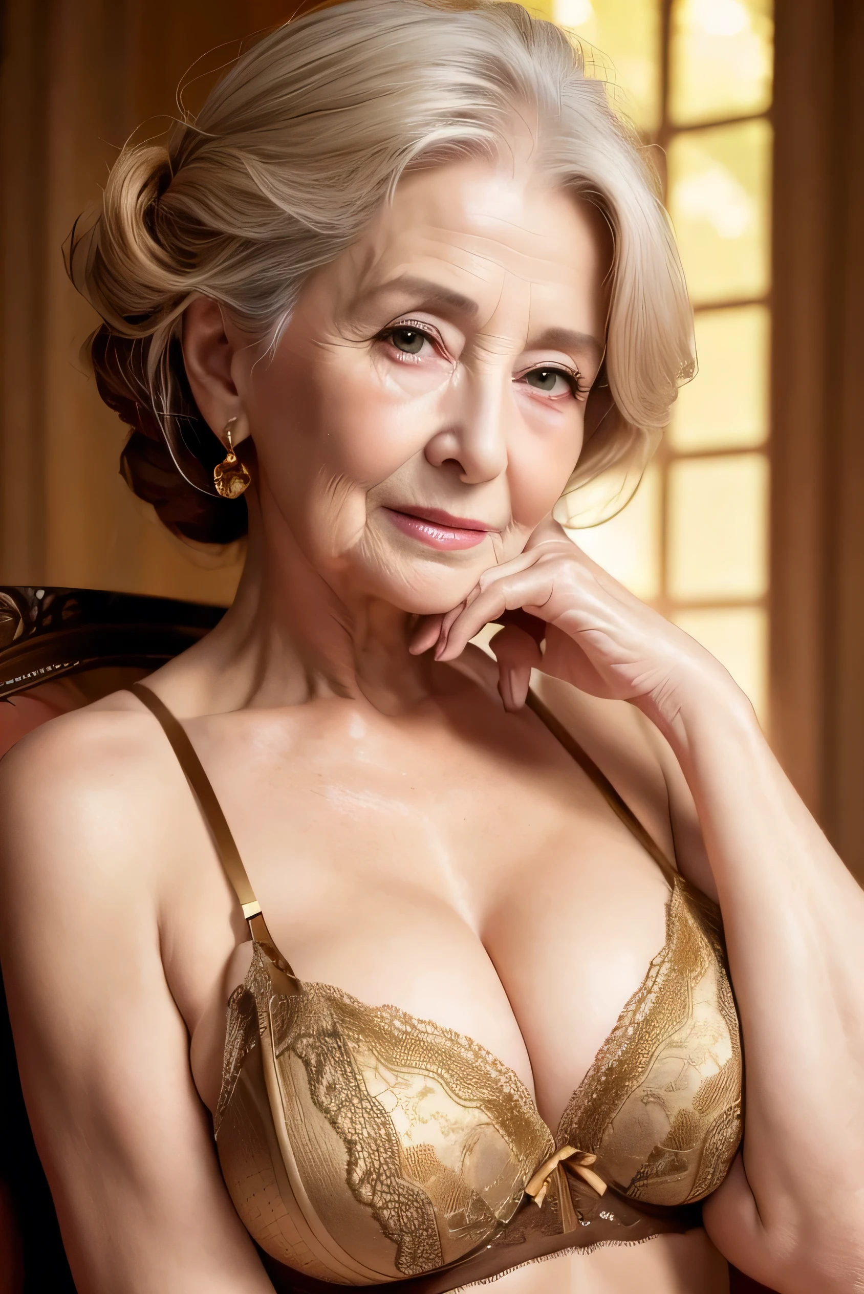 top quality, masterpiece, high definition , realistic , RAW photos , 8k wallpaper, perfection, PROFESSIONAL LIGHTING , very detailed, caress,((Beautiful old lady)), 80 years old, Sexy old woman, ((Golden Lingerie),big , , upper body, (( Viewers'eye)), detail face , Beautiful eye, ((I' I'm looking forward to it )), In the stylish dining room, sunny, bangs, Shapely breasts, short bob hair , plump, shiny lips , Cowboy Shots, (( spread your legs and place your arms))