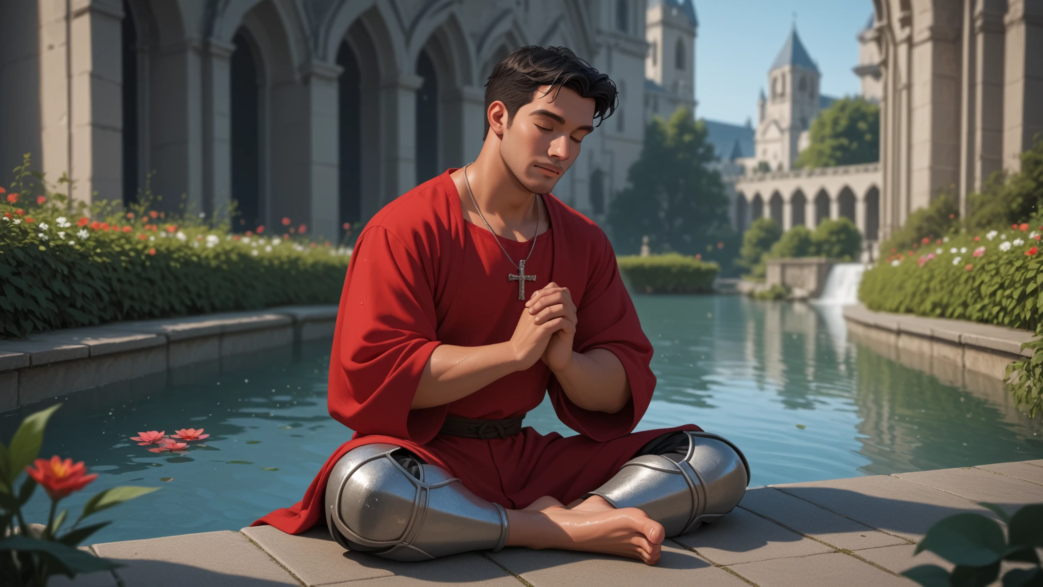 man praying,  strong man, Fat man, red tunic,  silver armor, armor breastplate,  well lit ,  depth of field,  full body,  silver crucifix necklace, silver rings ,  short hair,  black hair,  wet hair, barba, highly detailed,  high contrast ,  best quality ,  masterpiece ,  high definition ,  closed eyes , garden,  perfect face ,  perfect hands , perfect feet,  perfect eyes, perfect nose, flores, Samambaias,  bare feet , church, over the water, Lake, worship

