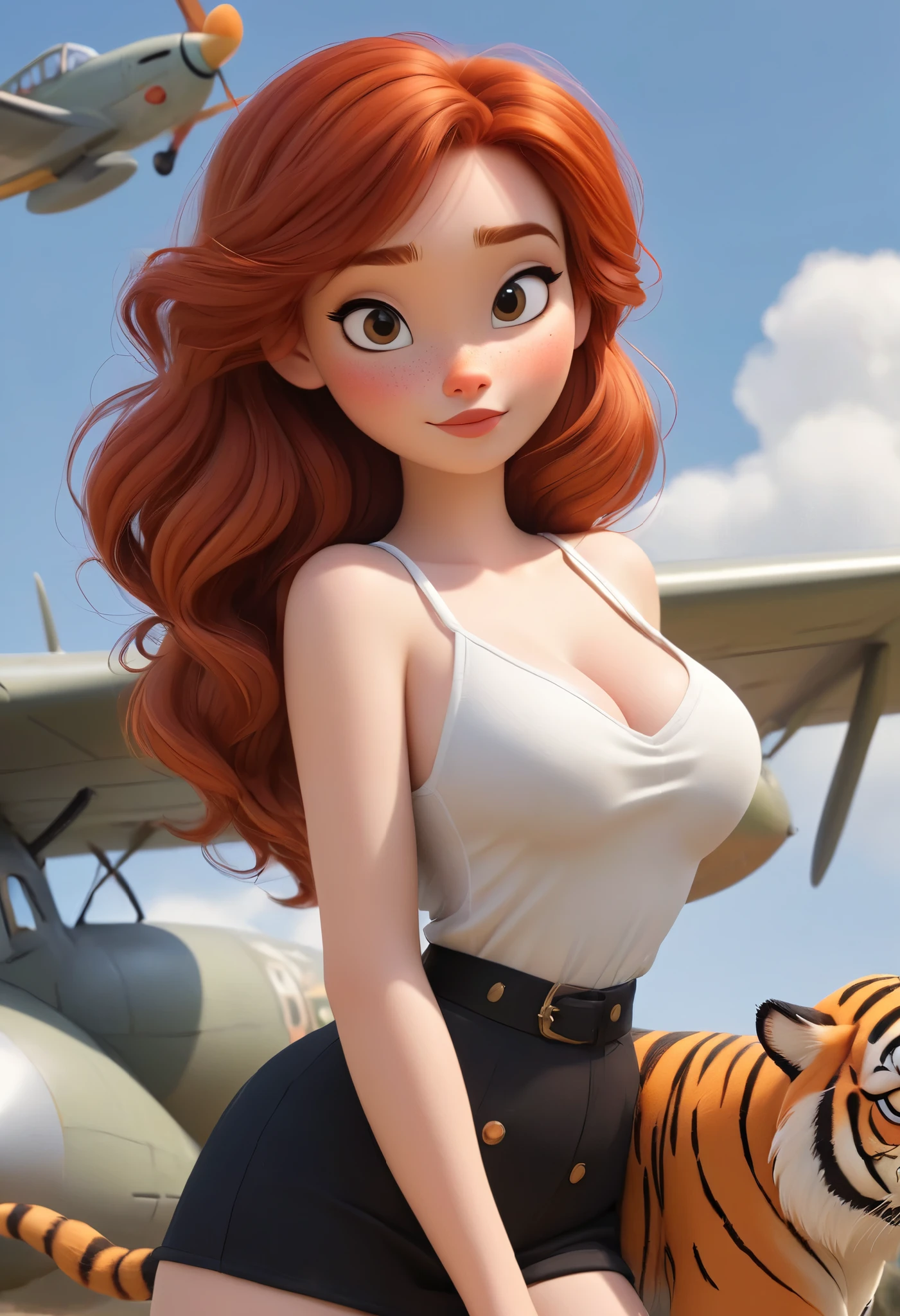 (disney pixar style:1.2) ( cute and adorable:1.15) (adulthood 20:1.15) red hair, long and wavy, sexy casual wear, Huge breasts, cleavage, Sensual, Next to a tiger (perfect hands:1.1) ( Far extreme plane, full body, Expanded:1.1)