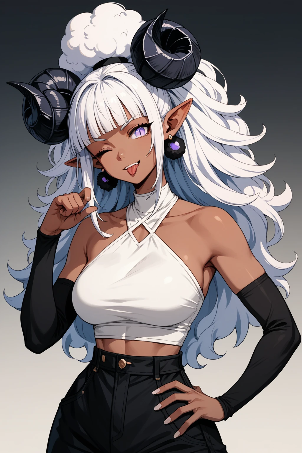 1girl, solo, (flat anime style: 1.2), bust portrait, dark-skinned tomboy, curvy body, medium breasts, very long ears, pointy ears, light purple eyes, slit dragon eyes, side afro puffs hairstyle, white blunt bangs, (white hair: 1.35), (very large black ram horns: 1.2), sapphire jewelry and earrings, white halter crop top, black arm sleeve, hand on hip, dynamic pose, mischievous expression, playfully poking out tongue, (winking at viewer: 1.35), gradient background