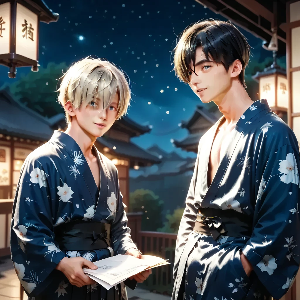 score_9, score_8_up, score_7_up, (master piece:0.9),RAW photo,2boy,Yukata,BREAK Nagi-kun  ,black hair,dark blue eye BREAK エーテル先輩 blonde, MASH HAIR,(night),paper lamp,