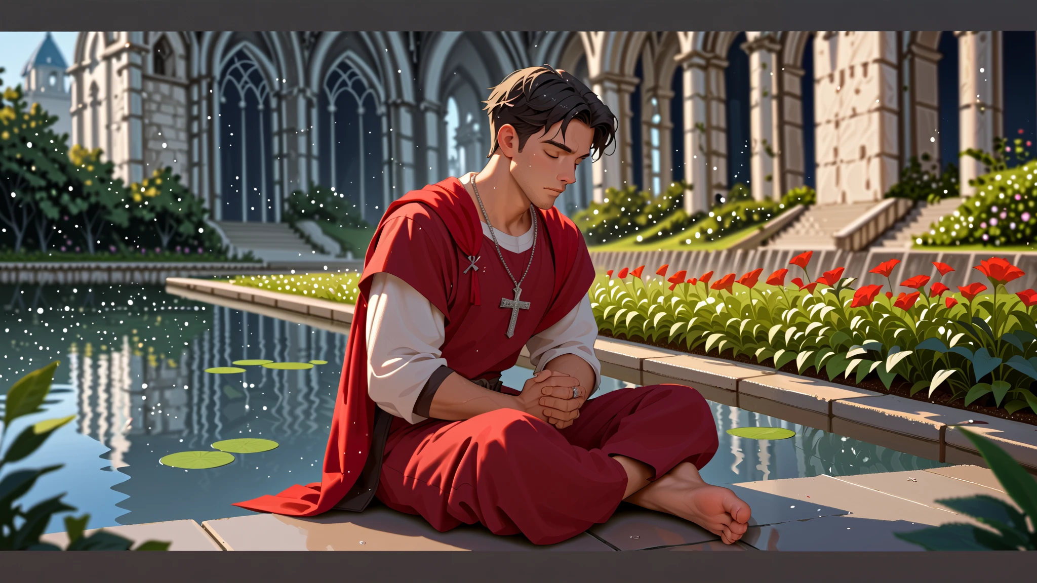 man praying, red tunic,  silver armor, armor breastplate,  well lit ,  depth of field,  full body, silver crucifix necklace, silver rings ,  short hair,  black hair,  wet hair, highly detailed,  high contrast ,  best quality ,  masterpiece ,  high definition ,  closed eyes , garden,  perfect face ,  perfect hands , perfect feet,  perfect eyes, perfect nose, flores, Samambaias,  bare feet , church, over the water, Lake, worship

