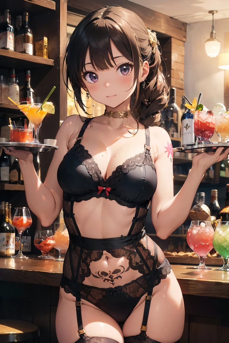 Realistic, masterpiece, Highest quality, (Fine grain), One high school girl, Huge breasts, Sweat, night, Outdoor, Micro bikini in, Micro bikini with only strings, Side Ponytail, Between the breasts, Small tray, Center opening, bow tie, Pelvic Curtain, (Wide Hips), A shy smile, Embarrassing, (look up), (Whipped cream on chest)