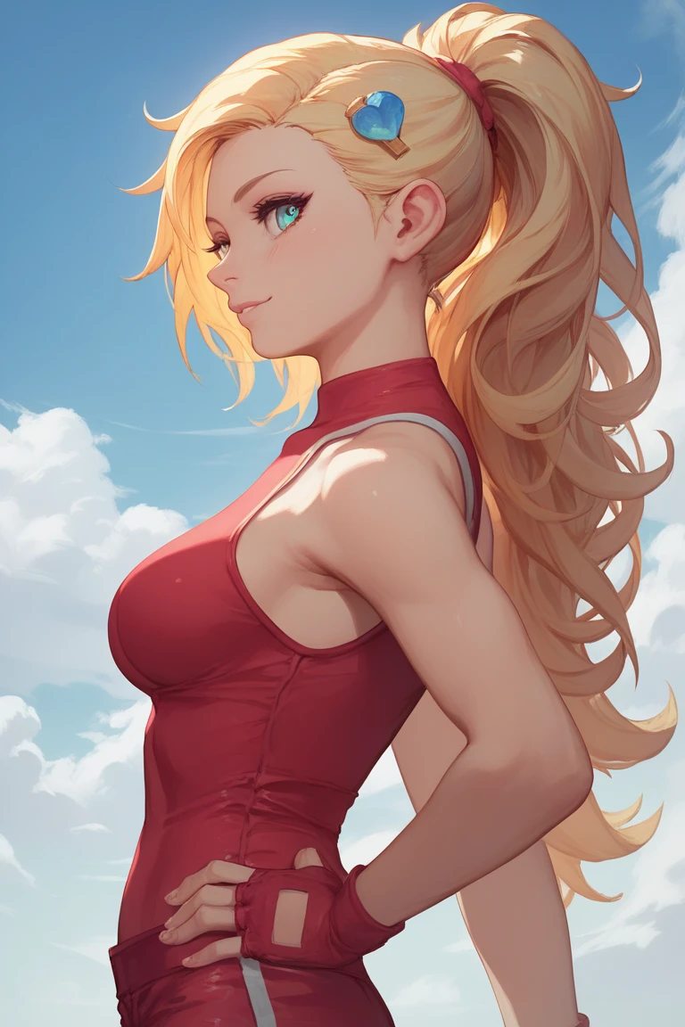 young girl, long blonde hair, Hairpin with a bundle,  turquoise eyes, red tight uniform, Sleeveless, Wide neckline on the chest to the abdomen, Gold Elements, Red outfit, Shorts, Masterpiece, hiquality, 4k, HD, Good details, side view, side overview, Long Hair, 