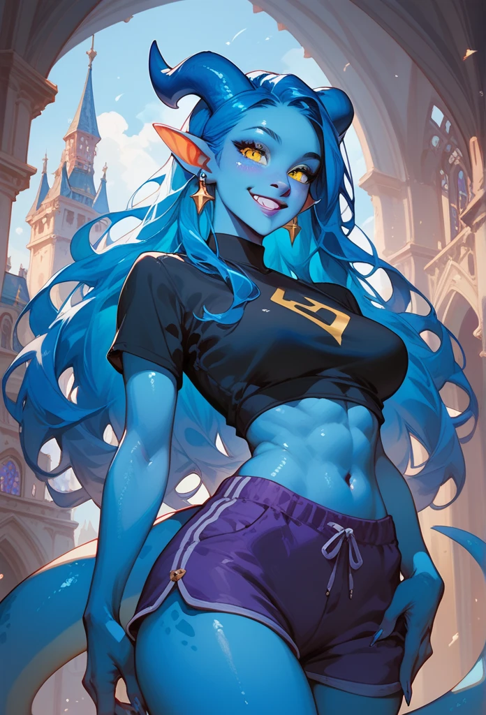 Adult female kobold girl, with a long dark blue hair, long hair, tail, yellow eyes, blue skin, small blue horns, and an athletic body in a dark shirt and purple shorts Small loving smile, tower background.