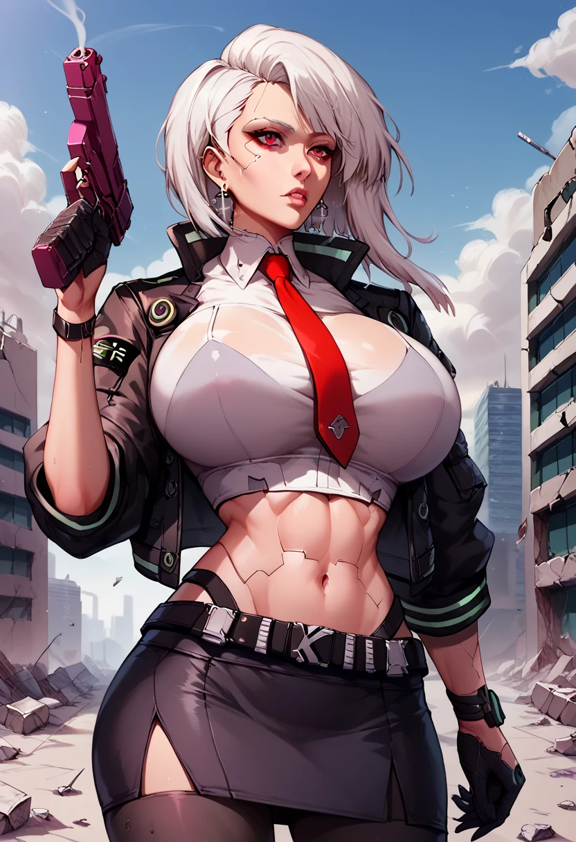 1girl, close up shot, (white hair, medium hair, large breasts, red eyes), perfect anatomy, city, cyberpunk style, ((white shirt, black jacket, black skirt, navel, belt, black gloves, neck tie, wrist watch, earrings, see through black leggings)), ((holding gun)), war, ruined city, battle field, rubble, buildings,cigarette