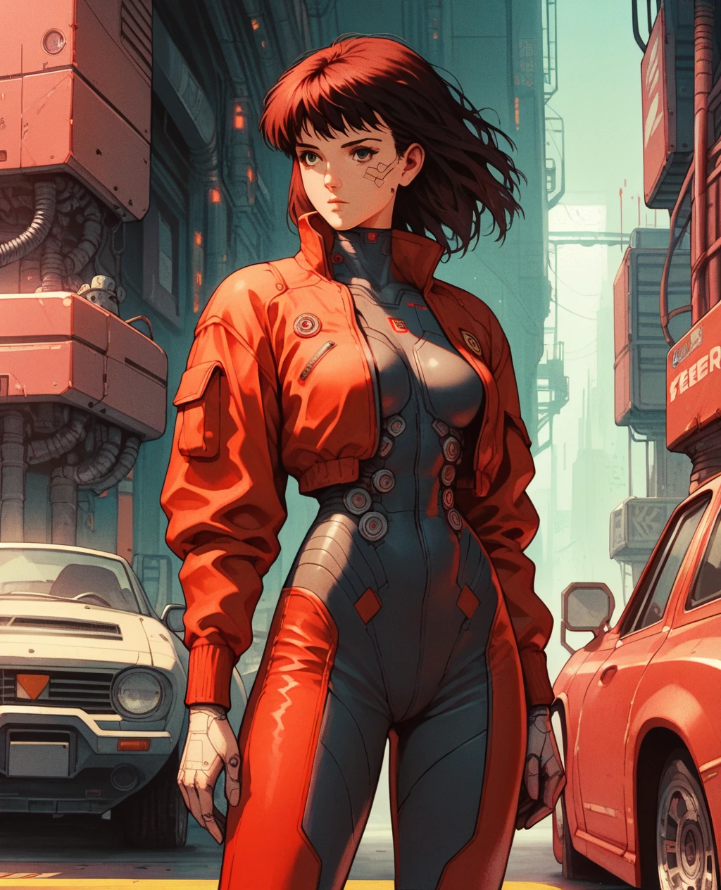  1girl, One, female accent,  with mechanical parts and a red jumpsuit, woman standing in a room with a car behind her and a light above her , Anime visual, cyberpunk art, retrofuturism,  breast,  Science-Fiction, 