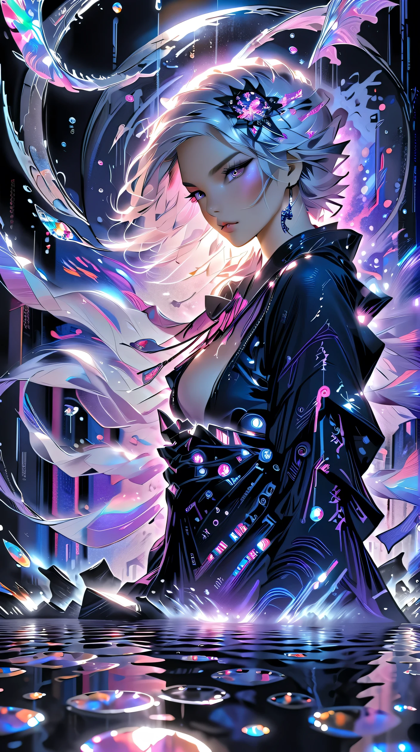 8k,masterpiece,best quality, (silhouette art:1.4), a stylish and sexy ninja hoodie that shows off her cleavage and thighs, (Double Exposure:1.3), Bright violet and silver hair with pink streaked or violet streaked, wields an infernal Grim Reaper's huge scythe to hunt souls,Blue Moon, (close-up), a female ninja with one eye covered with a black cloth like an eyepatch,Japanese neon that shines in pink and purple is reflected in a puddle.,Fantastic neon large stained glass and many jewel fragments flying in the air, refracted light and clockwork spread out against the backdrop of a mid-night Japanese garden.
