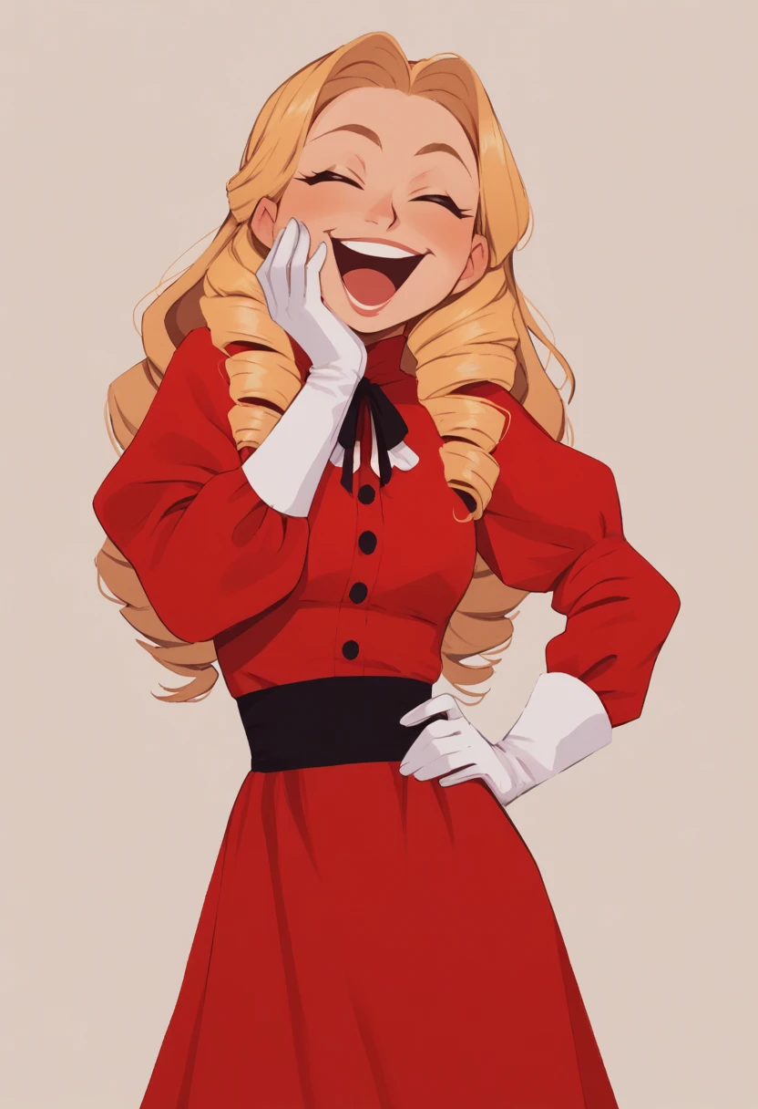 score_5_up,score_6_up, 1girl, solo, hand to cheek, hand on hip, laughing, haughty, closed eyes, long hair, twin drills, blonde hair, red dress, white gloves, 
