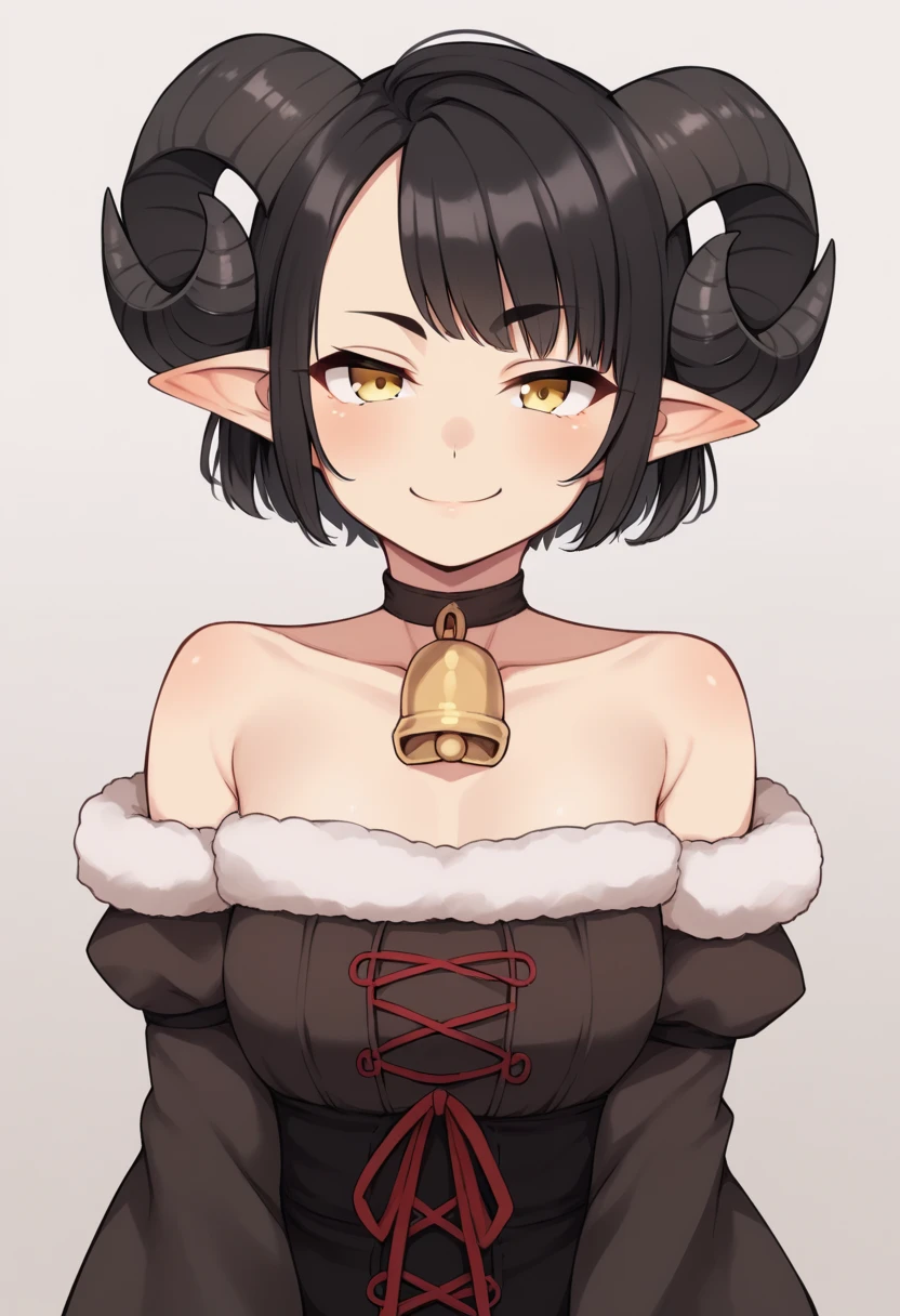 score_5_up,score_6_up, 1girl, solo, looking at viewer, short hair, bobcut, black hair, pointy ears, curled horns, yellow eyes, neck_bell , collarbone, detached sleeves, fur_trim, smug, tareme
