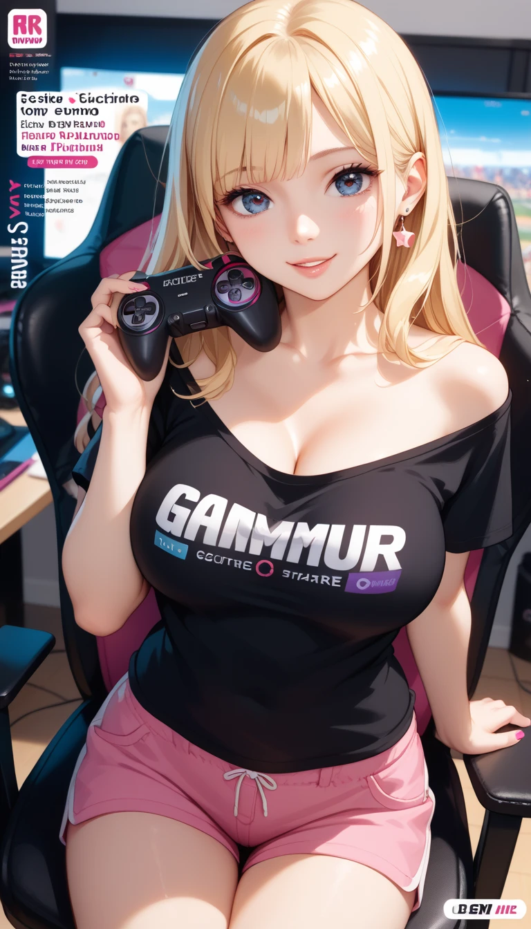 masterpiece, best quality, highly dramatic picture, beautiful eyes, cinematic lens effect, big beautifully shaped breasts , ultra cute, ultra sexy, ultra bouncy , ultra curvy , horny , pervert, Dutch angle, ((Supermodel )), ((Busty Bitches)), 1girl, magazine cover :ecchi girl, gamer girl, gamer chair, black tshirt, pink shorts, blonde hair, streaming ,  