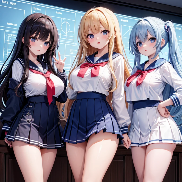(cute eyes:1.2), (sparkling eyes:1.2), highest quality,wonderful,finely,extremely detailed CG Unity 8K wallpaper, (Stand in line:1.2), (3 girls, clothed), (gym uniform:1.1), (navy bloomers:1.1), (midriff peek:1.2), (midium breasts), (open mouth:1.1), (long tongue:1.1), (mouth drool:1.1), (black stockings:1.1),(Thighs:1.2),(Waistline:1.2)